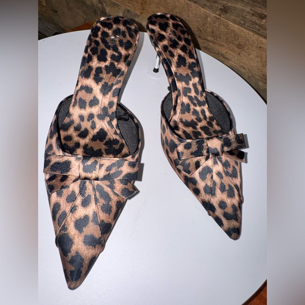 Zara Leopard Print Pointed Toe Bow Kitten Heel Mules Brown Black  EU 39 NWOT